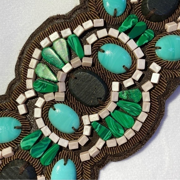 STELLA & DOT Cortez Cuff Turquoise, Green Glass, Brown Leather One Size (EUC) - Picture 1 of 14